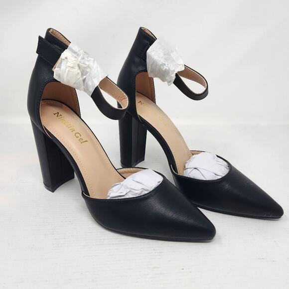 New Black Chunky Heel Shoes Pointed Toe Heels Ankle Strap 4 Inch Heel Size 8.5 - Picture 2 of 7